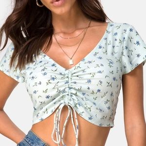 MOTEL ROCKS Raeto Pretty Petal mint green ditsy floral 90s ruched cropped top
